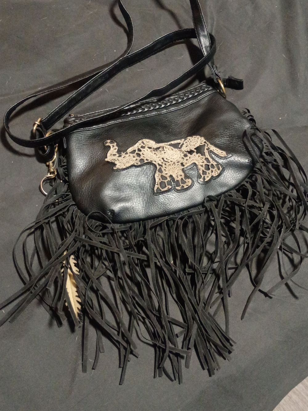 Black Fringe Crossbody Bag with Elephant Applique
